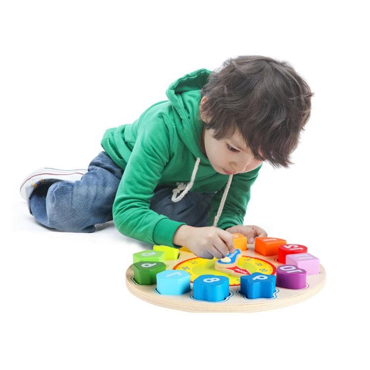 ĐỒNG HỒ THẢ KHỐI đồ chơi thả hình học số học đếm học màu sắc Đồ chơi gỗ TINA