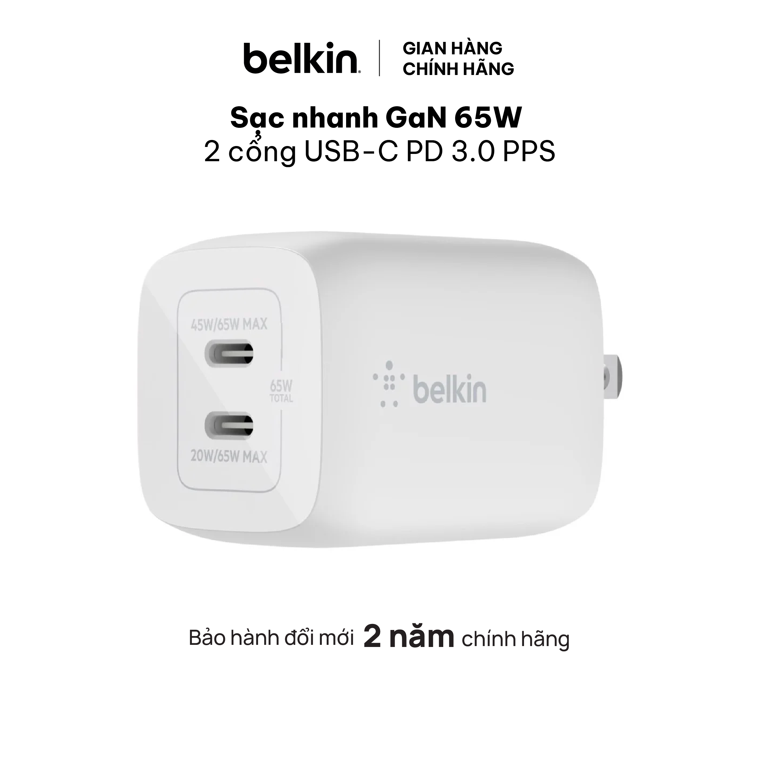 Sạc BOOST↑CHARGE PRO GaN Belkin 65W - 2 cổng USB-C PD 3.0 PPS WCH013 - Hàng chính hãng