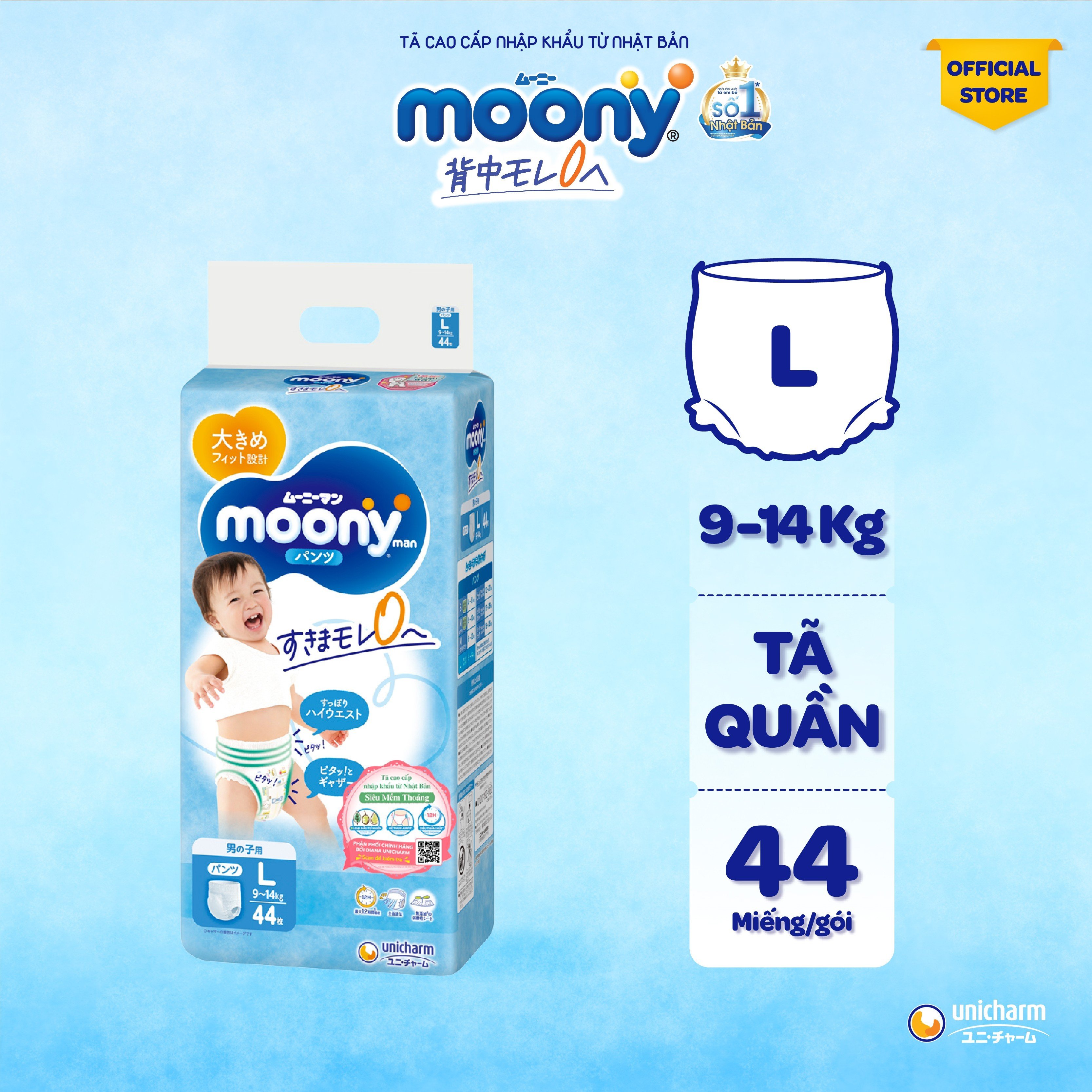 [Made in Japan] Combo 4 Gói Tã Quần Moony Bé Trai Gói Đại L44 (44 miếng)