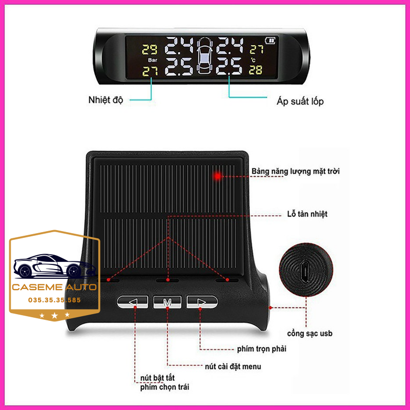 Cảm Biến Áp Suất Lốp TPMS Van Ngoài Có Cảnh Báo Giọng Nói Tiếng Việt - Năng Lượng Mặt Trời, Không Dây, Màn Hình LCD - Hàng Chính Hãng