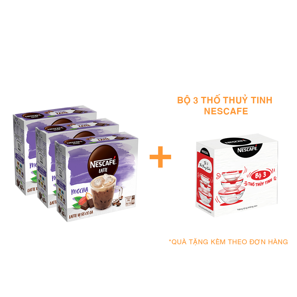 Combo 3 Hộp Cà Phê Hòa Tan Nescafé Latte Vị Sô Cô La (Hộp 10 Gói x 24g) - [Tặng Bộ 3 Thố Thuỷ Tinh Nescafé]