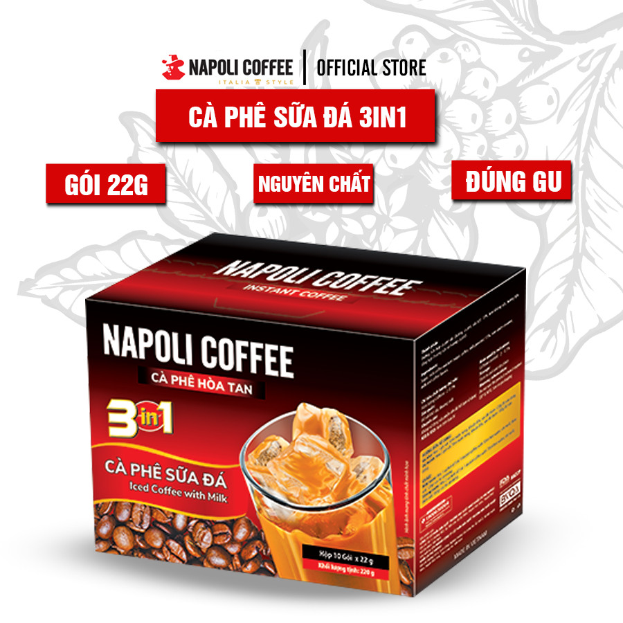 Cà Phê Sữa Đá hòa tan 3in1 Napoli Coffee (10 gói x 22g) - Cafe SẠCH, hạt Robusta/Arabica Nguyên Chất