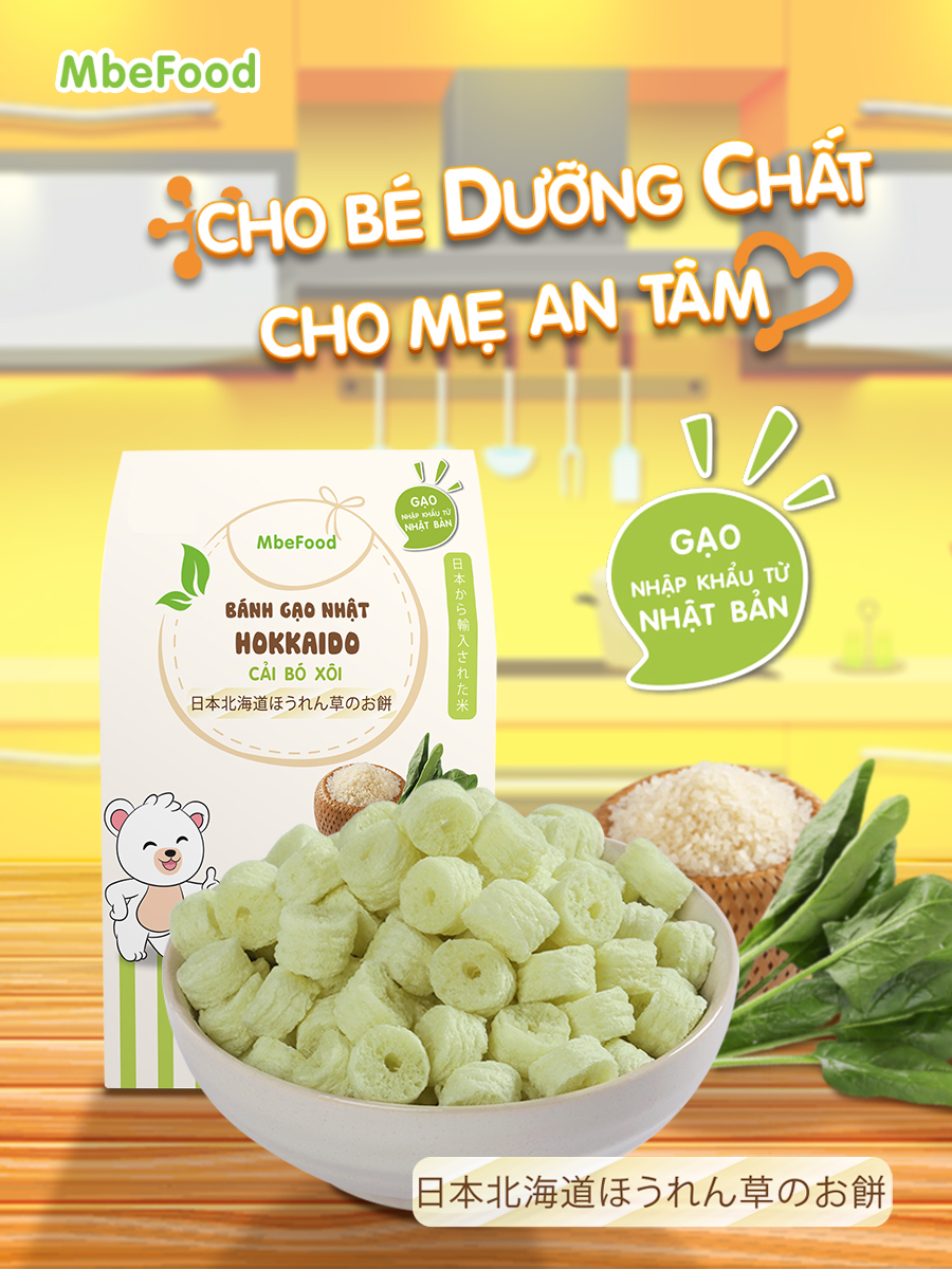 Bánh ăn dặm cho bé MBEFOOD Bánh gạo Nhật Hokkaido cải bó xôi que ngắn