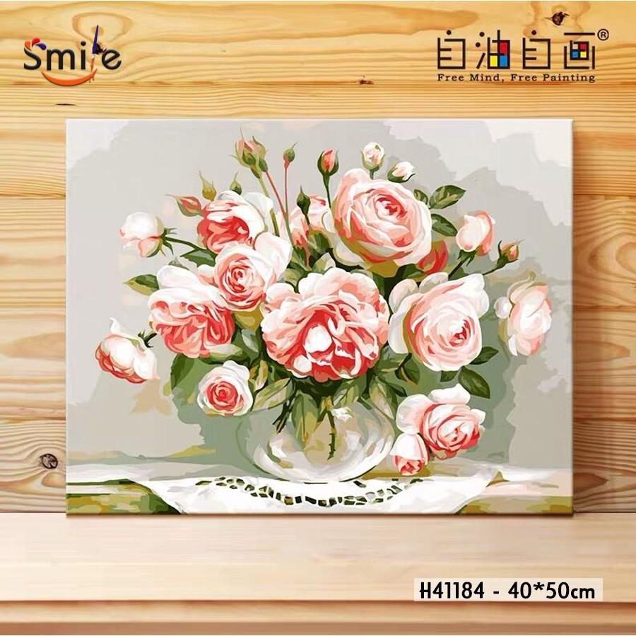Tranh tô màu theo số sơn dầu số hóa cao cấp Smile FMFP Lọ hoa hồng H41184