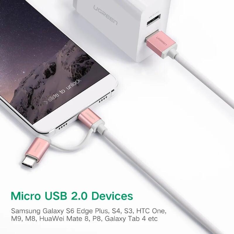 Ugreen UG30542US177TK 0.5M màu Hồng Cáp USB-A sang Micro USB + USB-C cao cấp - HÀNG CHÍNH HÃNG