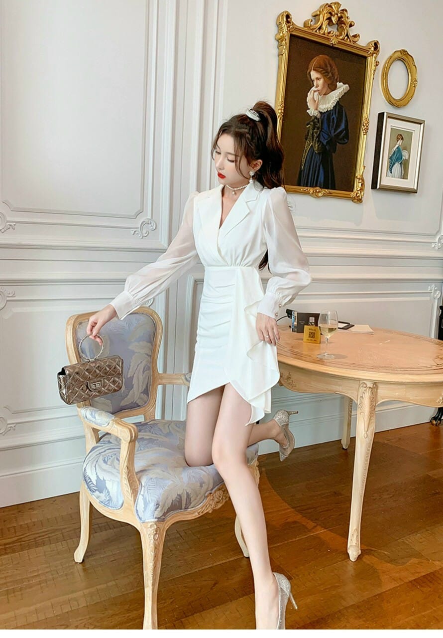 Đầm Body Phối Bèo Tay Dài Cổ Vest Sang Trọng
