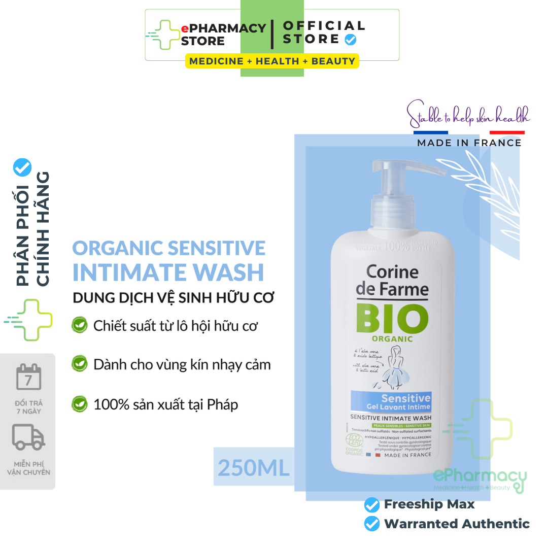 Dung Dịch Vệ sinh phụ nữ Corine de Farme ORGANIC SENSITIVE INTIMATE WASH 250ml