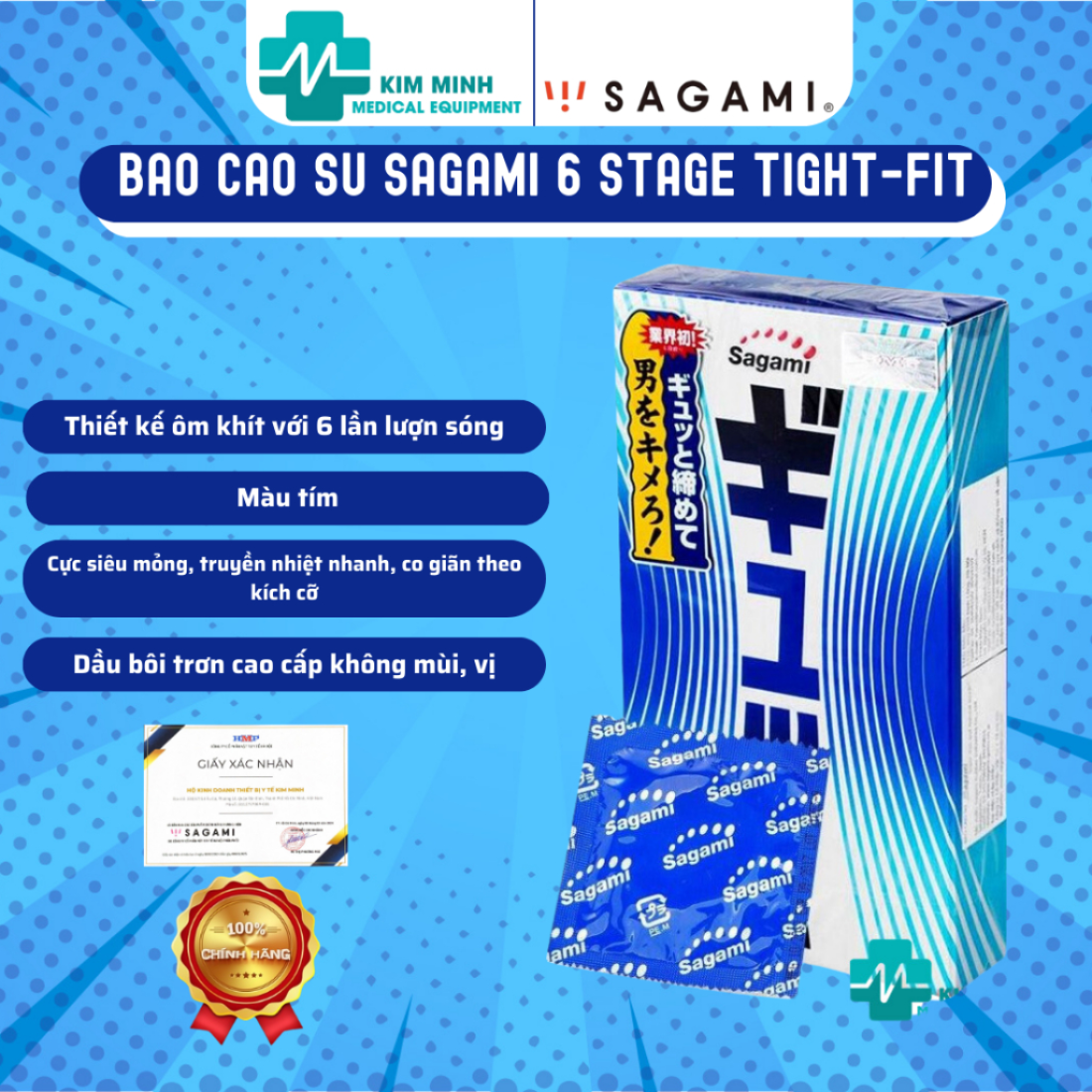 Bao Cao Su Sagami 6 Stage Tight-Fit, siêu mỏng, ôm khít, có 6 đường gân sóng tăng kích thích