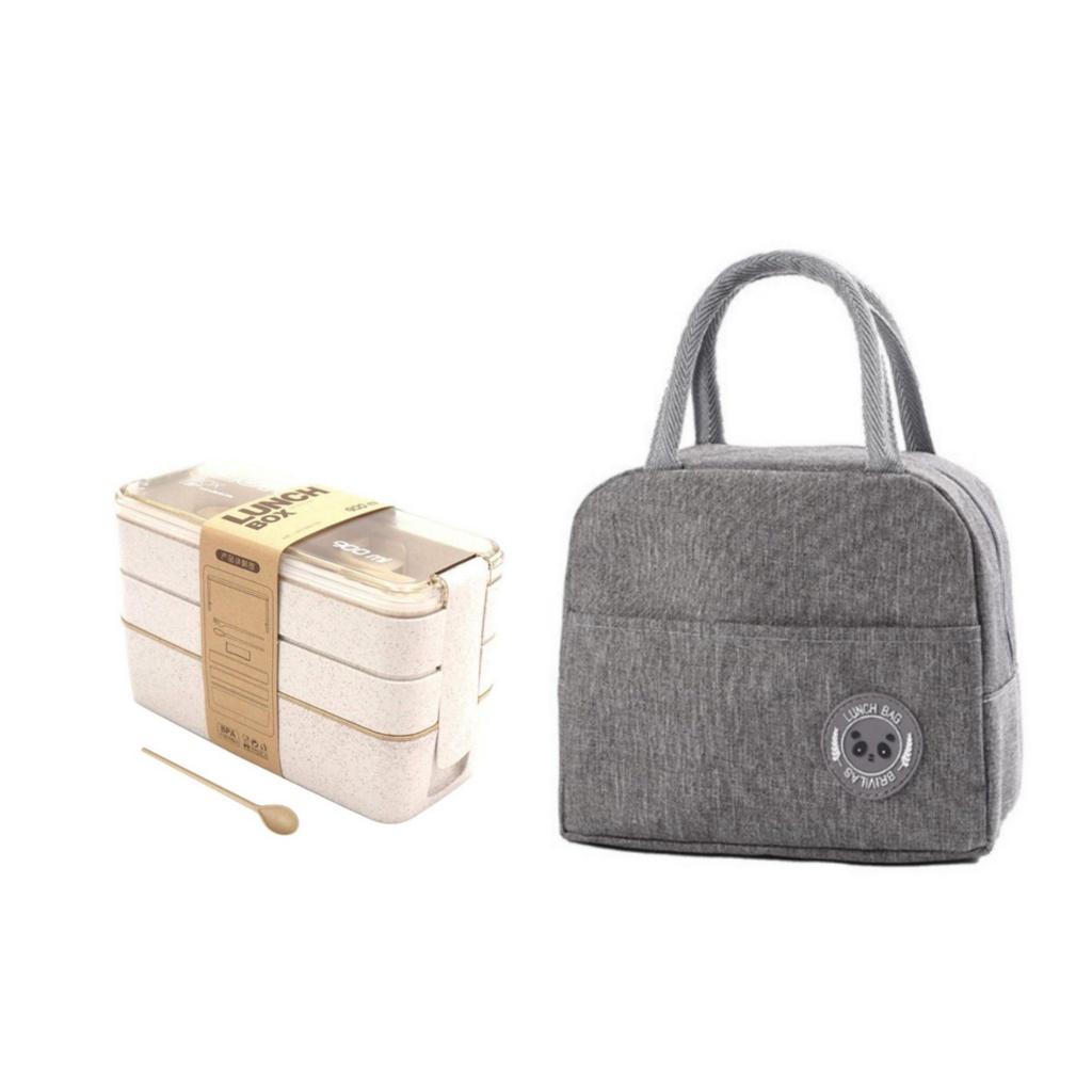 Combo hộp cơm lúa mạch 3 tầng 900ml+túi giữ nhiệt trơn logo gấu- Hộp cơm size ngang 17.5cm x cao 11cm x rộng 7.5cm