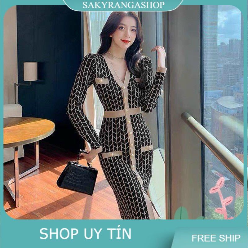 ĐẦM LEN HỌA TIẾT PHỐI NÚT SIÊU SANG