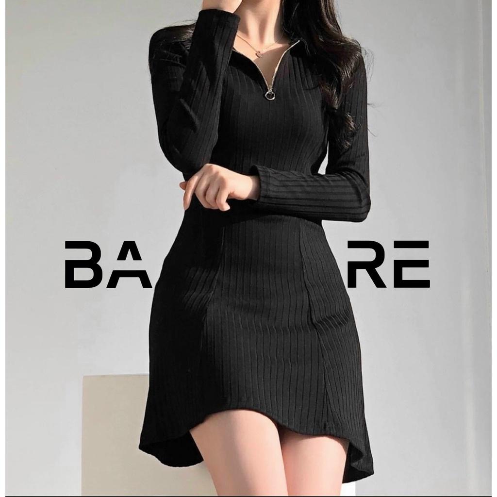 Đầm ôm body nữ tay dài basic Bare phối khóa kéo chất thun gân tăm chuẩn form - ĐO06