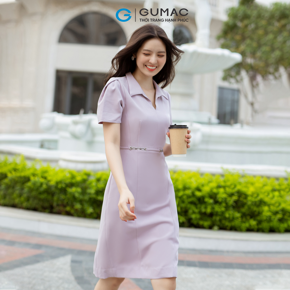 Đầm bút chì tay ngắn cổ V khoen eo thanh lịch sang trọng GUMAC DD07066