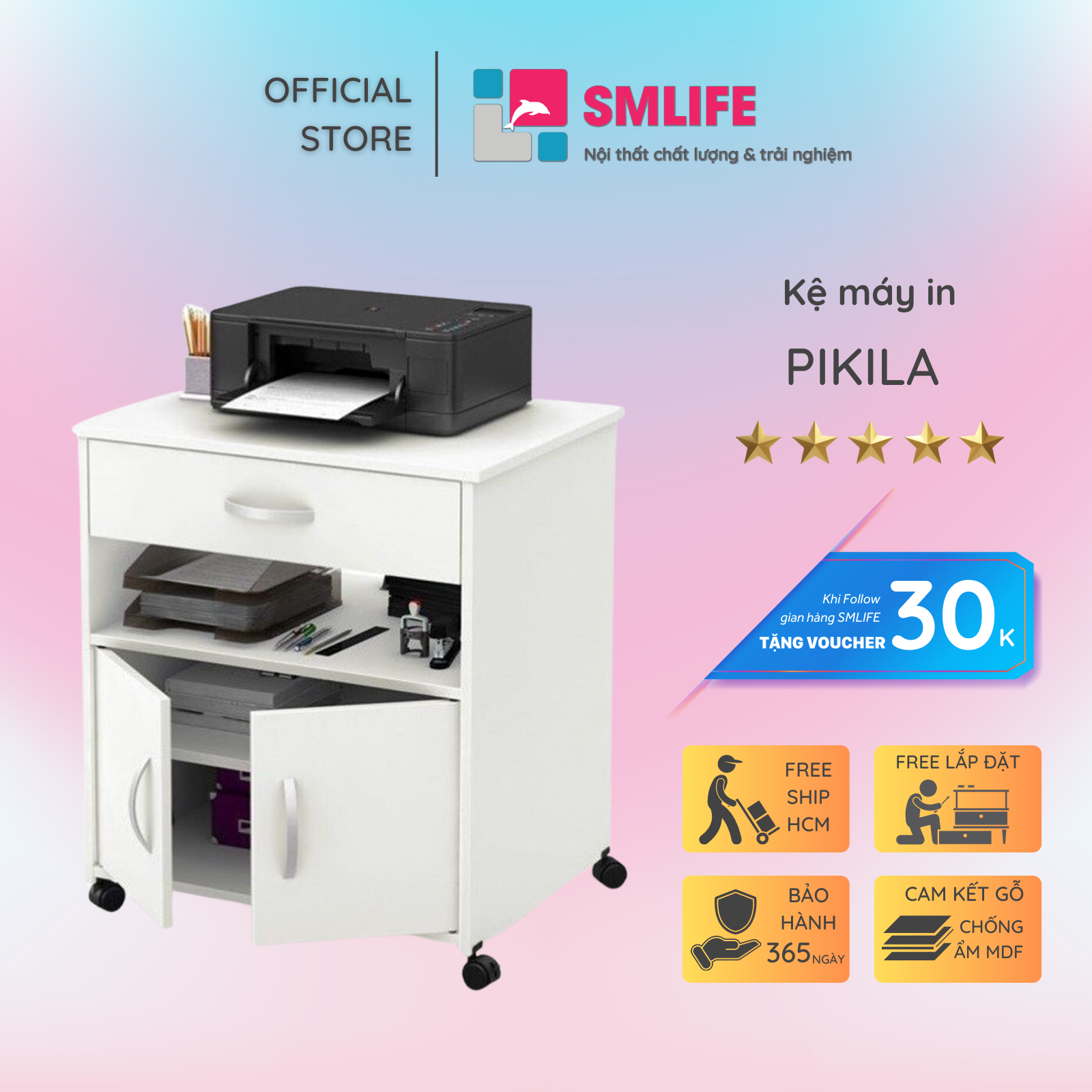 Kệ để máy in gỗ hiện đại SMLIFE Pikila  | Gỗ MDF dày 17mm chống ẩm | D60xR50xC71cm