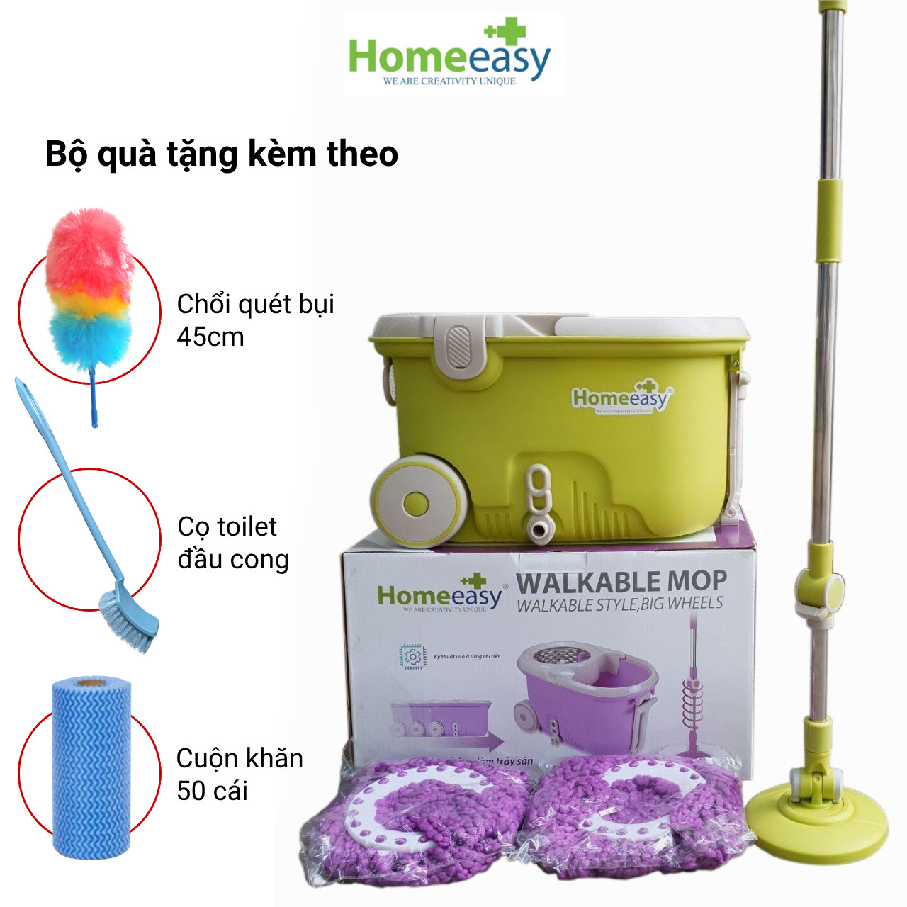 Bộ lau nhà đa năng 360 độ lồng inox Homeeasy Walkble Mop HO-11V6 - Bảo hành 12 tháng - Giao màu ngẫu nhiên - Có quà tặng