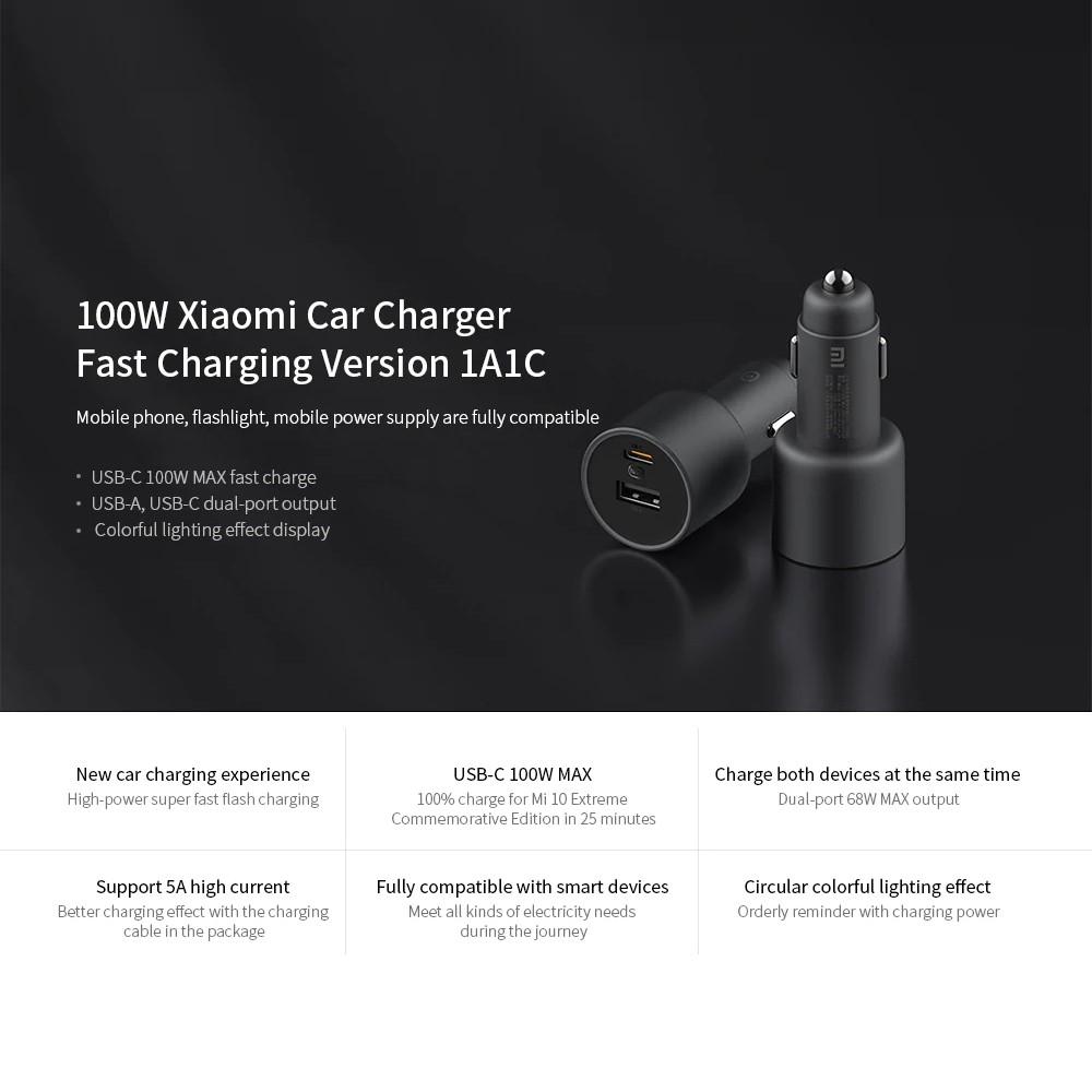 Xiaomi Tẩu sạc 1A1C hai cổng USB A USB C thông mình tương thích hoàn toàn màn hình đèn 100WHàng chính hãng