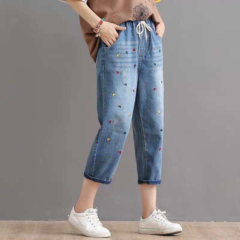 Quần Jeans Lửng Lưng Cao Co Giãn Thêu Họa Tiết Thời Trang Mùa Hè Cho Nữ