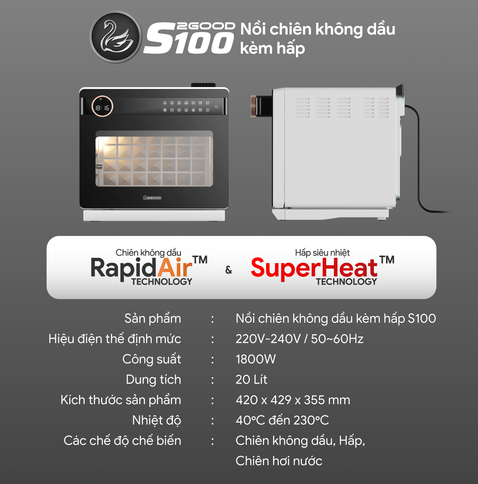 Nồi Chiên Không Dầu Kèm Hấp 2GOOD S100, Công nghệ SUPERHEAT, Bổ sung Xiên quay gà, Lồng tự đảo 360°, Full phụ kiện từ Inox 304 an toàn cho Sức khoẻ - Hàng Chính Hãng