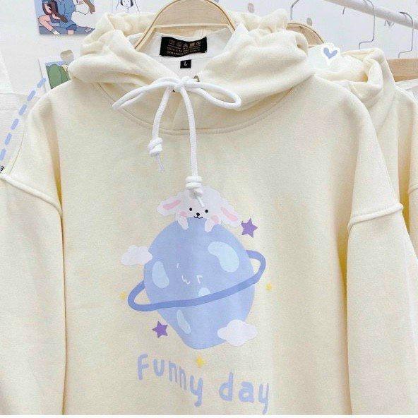 Áo hoodie nam nữ nỉ ngoại tay phồng nhúng in chú cừu ôm hành tinh nón 2 lớp dễ thương