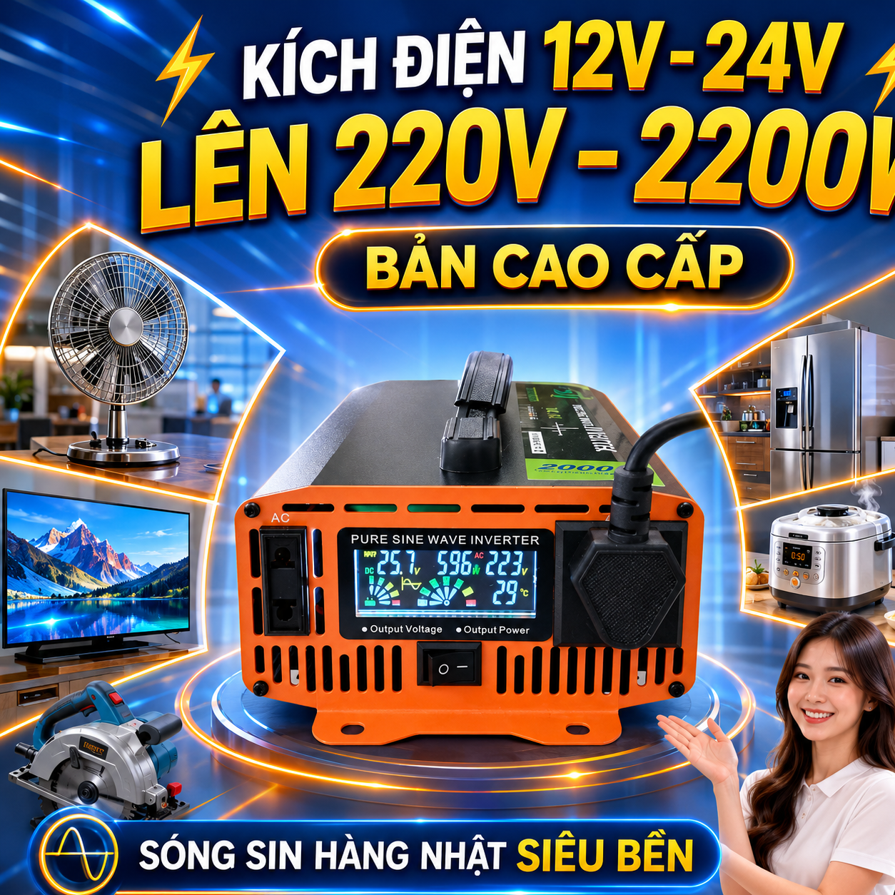 Kích Điện Inverter ST Nhật Bản 2200W Chuyển Nguồn Ắc Quy 12V 24V Thành 220V Ổn Định, đèn trang trí