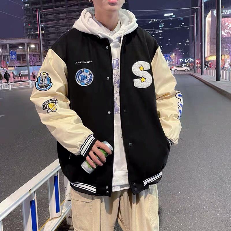Áo Khoác Bomber Jacket Dù 2 Lớp LOGO S Varsity Form Rộng Nam Nữ Unisex Couple Phong Cách Hàn Quốc Ulzzang