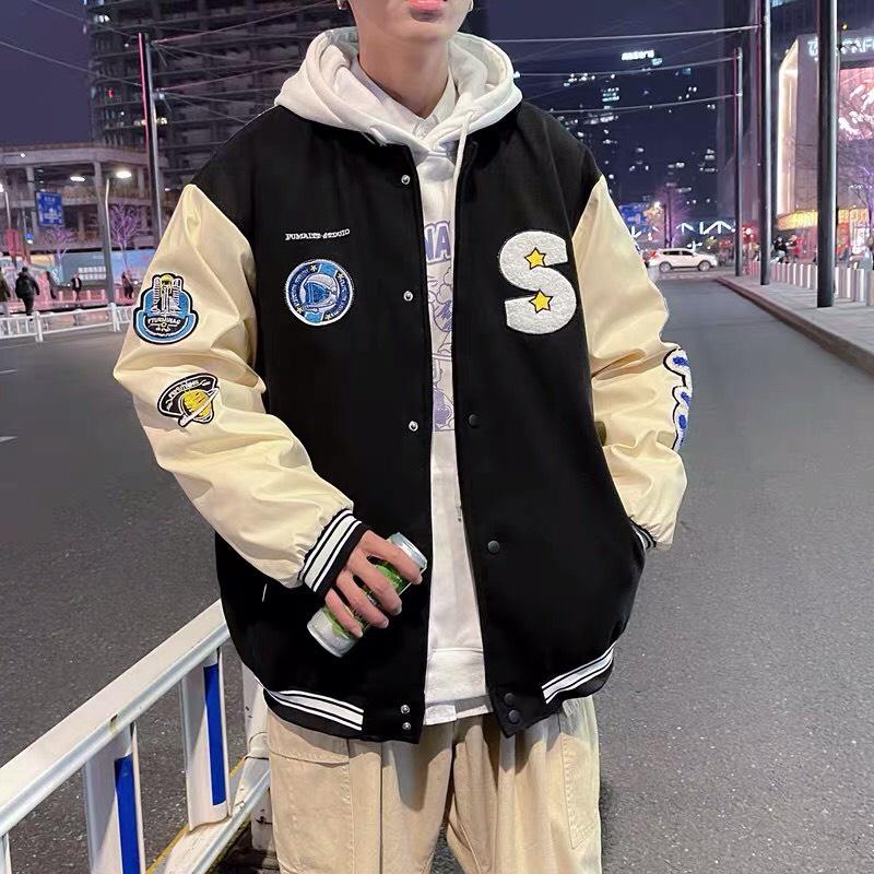 Hình ảnh Áo Khoác Bomber Jacket Dù 2 Lớp LOGO S Varsity Form Rộng Nam Nữ Unisex Couple Phong Cách Hàn Quốc Ulzzang