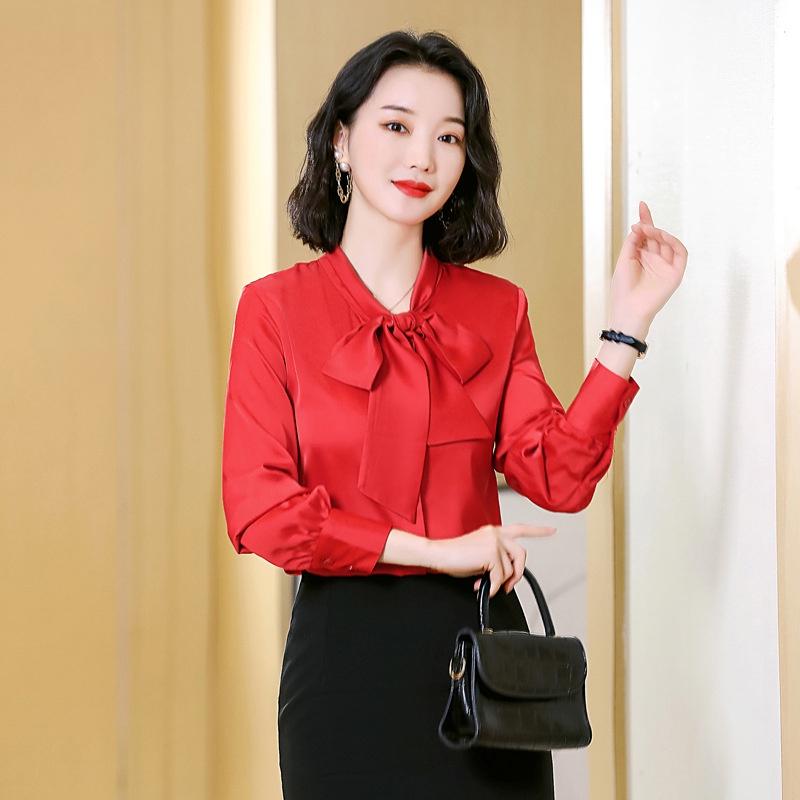 Áo Sơ Mi Kiểu Công Sở Đẹp CHIPY Tay Dài Cổ Thắt Nơ Màu Đỏ Chất Lụa Cao Cấp From Rộng Hàn Quốc Ulzzang Vintage A1D