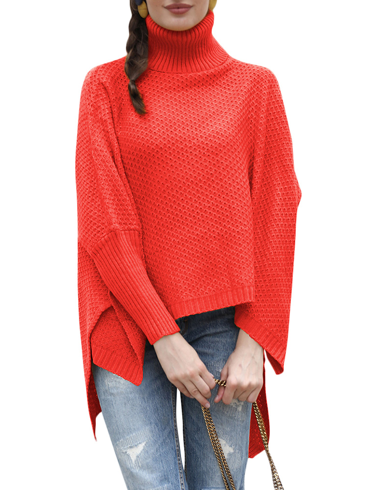 Fashion Women Knitted Sweater Turtleneck Long Sleeve Split Irregular Solid Loose Jumper Pullover Knitwear