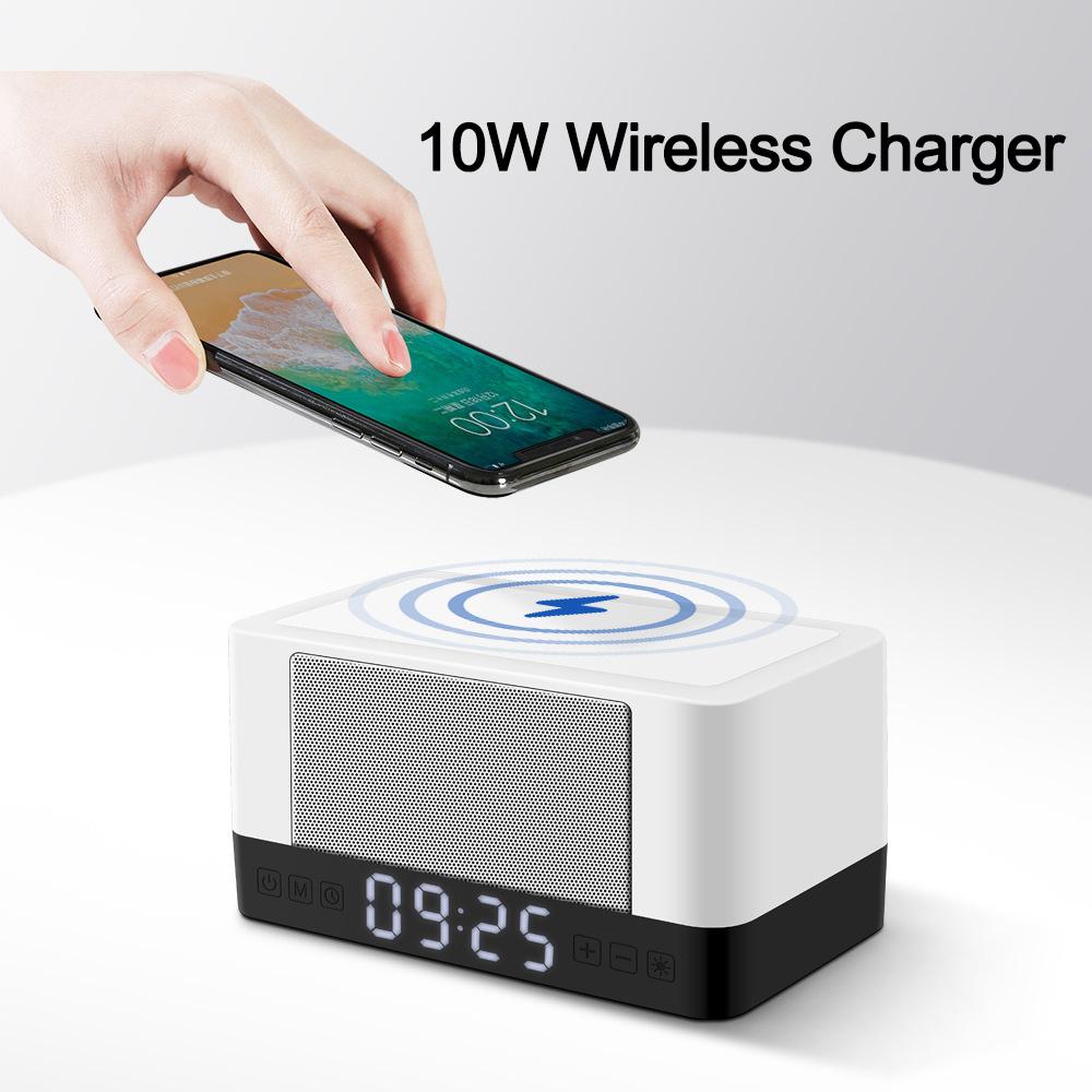 Đồng hồ báo thức đa năng Đèn ngủ Đèn LED sạc không dây 10W Đèn khí quyển Loa Bluetooth Đèn bàn Âm thanh cho điện thoại thông minh Màu sắc: 1
