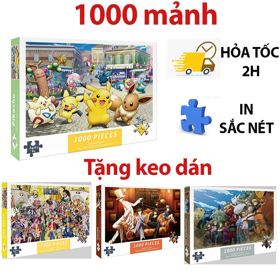 Tranh ghép hình 1000 mảnh anime, onepiece, pokemon, naruto dành cho người lớn và trẻ em. Kích thước: 75x50 cm. Quà tặng