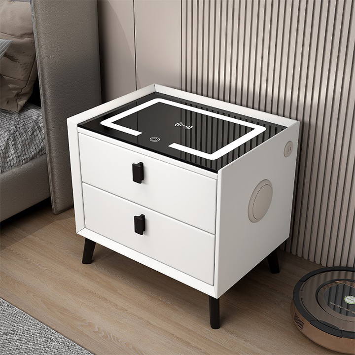 Tủ Đầu Giường 2 Tầng Hiện Đại Tích Hợp Sạc Không Dây, Loa Bluetooth, Đèn Led Ngủ, Khoá Vân Tay