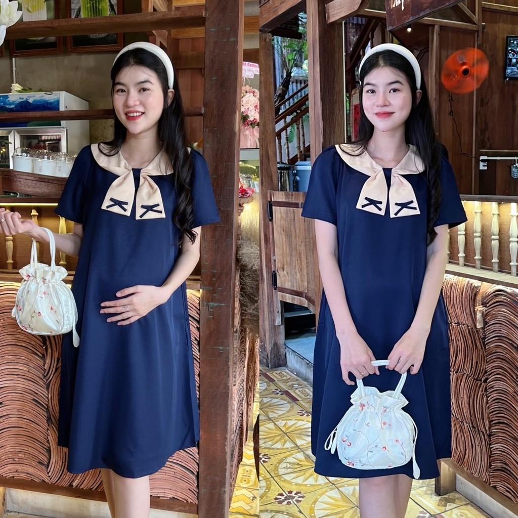Đầm bầu cotton lạnh phối cổ thắt nơ phom suông gọn dáng, thanh lịch, dễ thương - Xanh đen