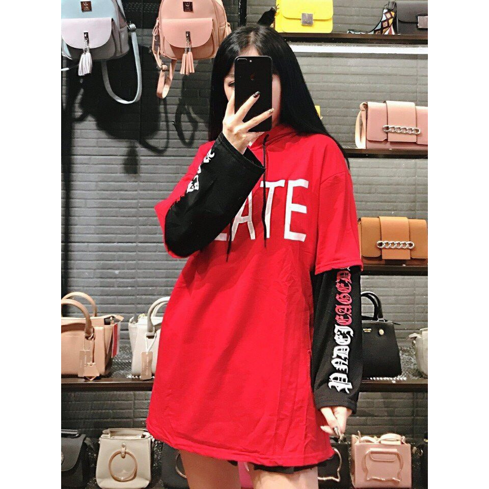 Áo hoodie unisex nam/nữ phối tay áo chất thun da cá in chữ HEATE. Có ảnh thật treo tường.