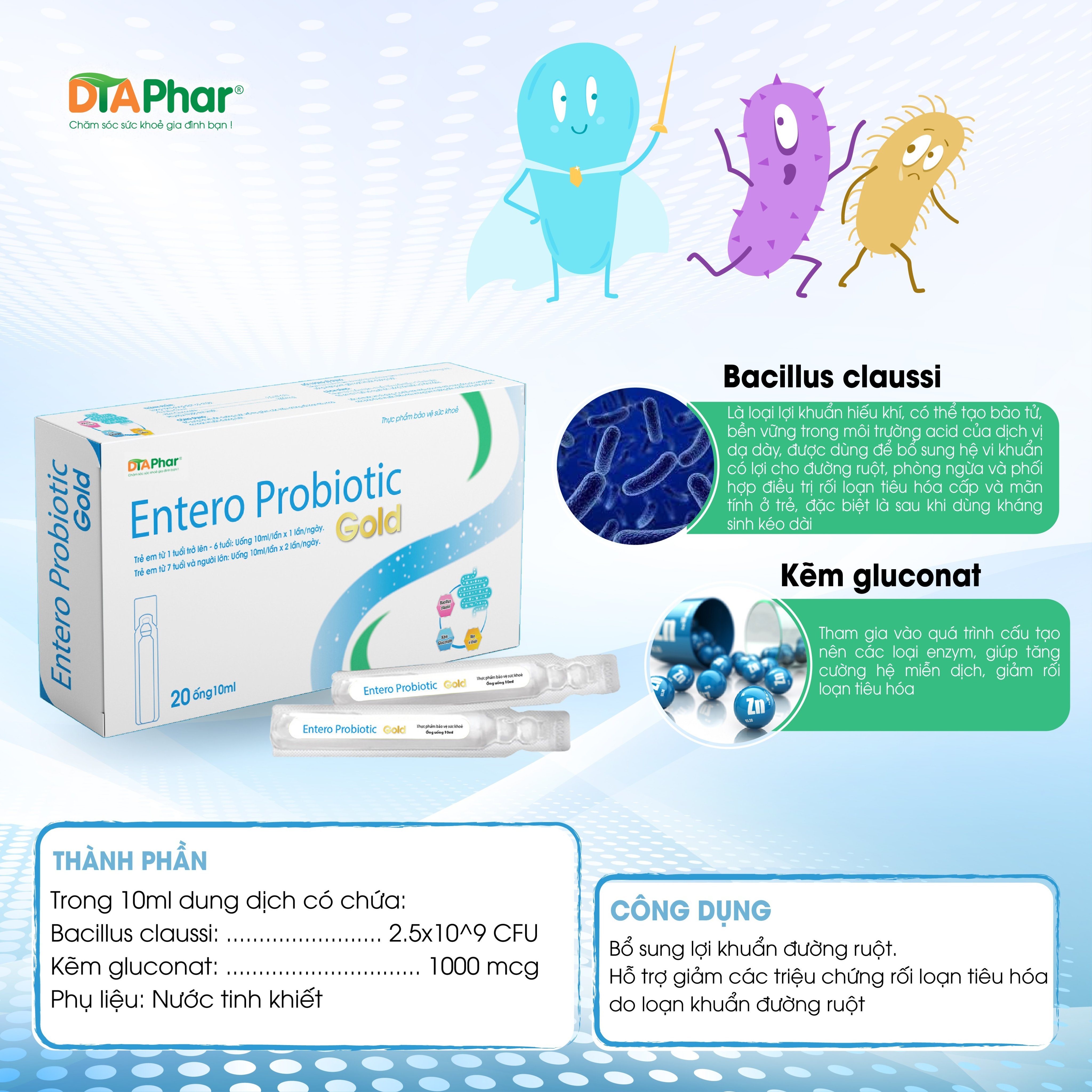 Entero Probiotic Gold hỗ trợ bổ sung lợi khuẩn đường ruột giúp tiêu hoá tốt Hộp 20 ống/10ml Tâm An Pharma