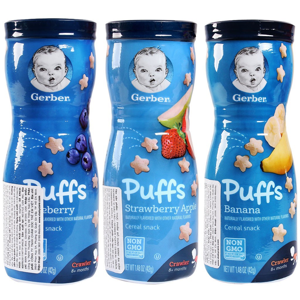 Bánh Ăn Dặm Gerber Puffs Banana - Blueberry - Strawberry (42g x 3) - Combo 3 Vị Chuối - Việt Quất - Dâu