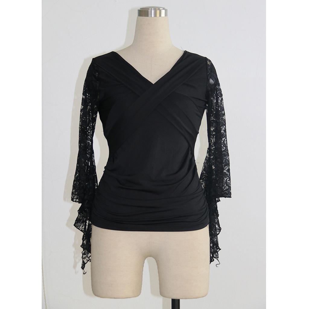 Ballroom Flamenco Latin Dance Blouse Square Dance V Neck Lace Sleeve Tops Women Dancewear Costumes