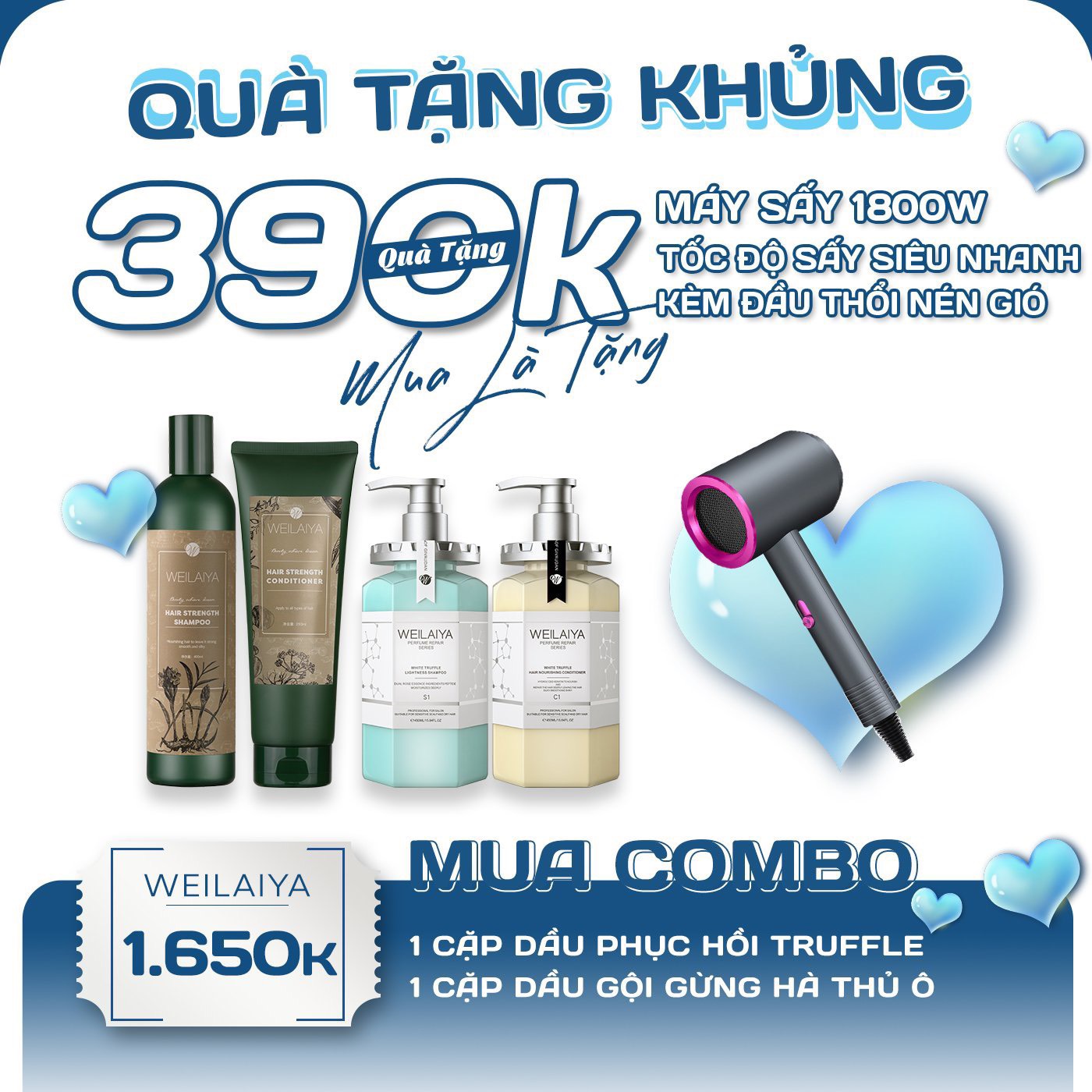 Combo dầu gội đầu, dầu xả tóc Weilaiya chiết xuất nấm Truffle và dầu gội đầu, dầu xả tóc thảo dược gừng Weilaiya