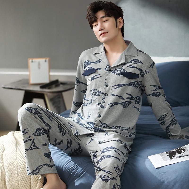 2228 - Bộ Pijama nam dài tay cao cấp màu ghi phối họa tiết hình con cá độc đáo, vải cotton 100% mềm thoáng, size L-3XL