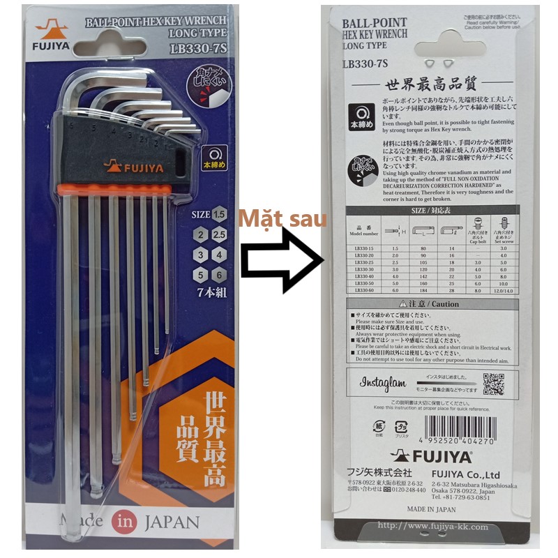 Bộ Lục giác dài đầu bi 7 chi tiết FUJIYA LB330-7S GENUINE- Thanh vặn đầu tròn