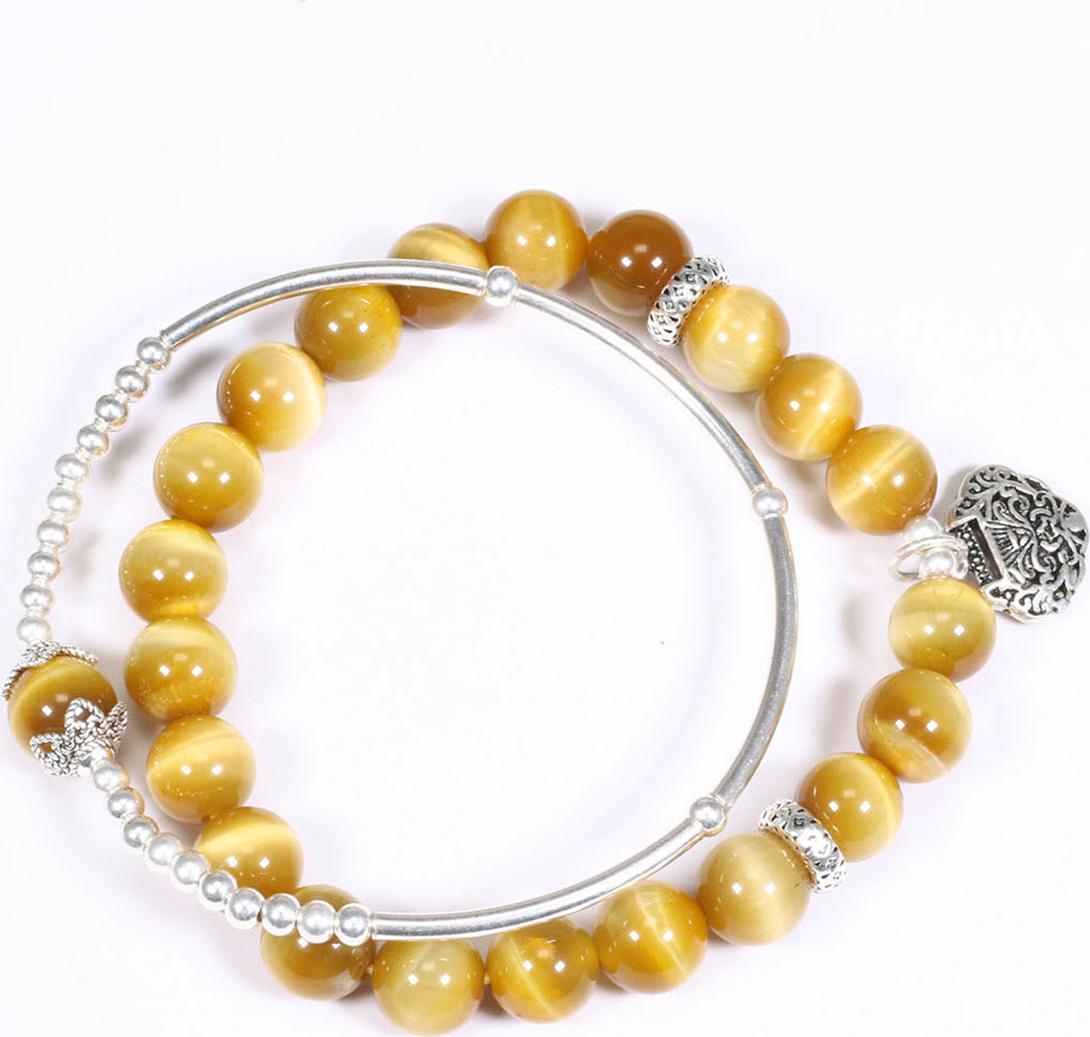 Vòng tay đá thạch anh mắt hổ vàng mix túi cát tường bạc hạt đá 8mm mệnh thổ, kim - Ngọc Quý Gemstones