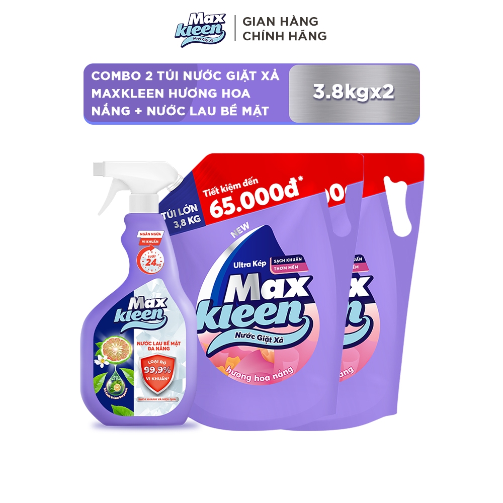 Combo 2 Túi Nước Giặt Xả MaxKleen hương Hoa Nắng (3.8kg/túi) + Lau Bề Mặt Đa Năng