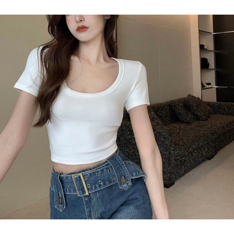 Áo Thun Croptop Ngắn Tay Cổ Chữ U Khoét Ngực Gợi Cảm Cho Nữ hottrend siêu xinh cotton co giãn