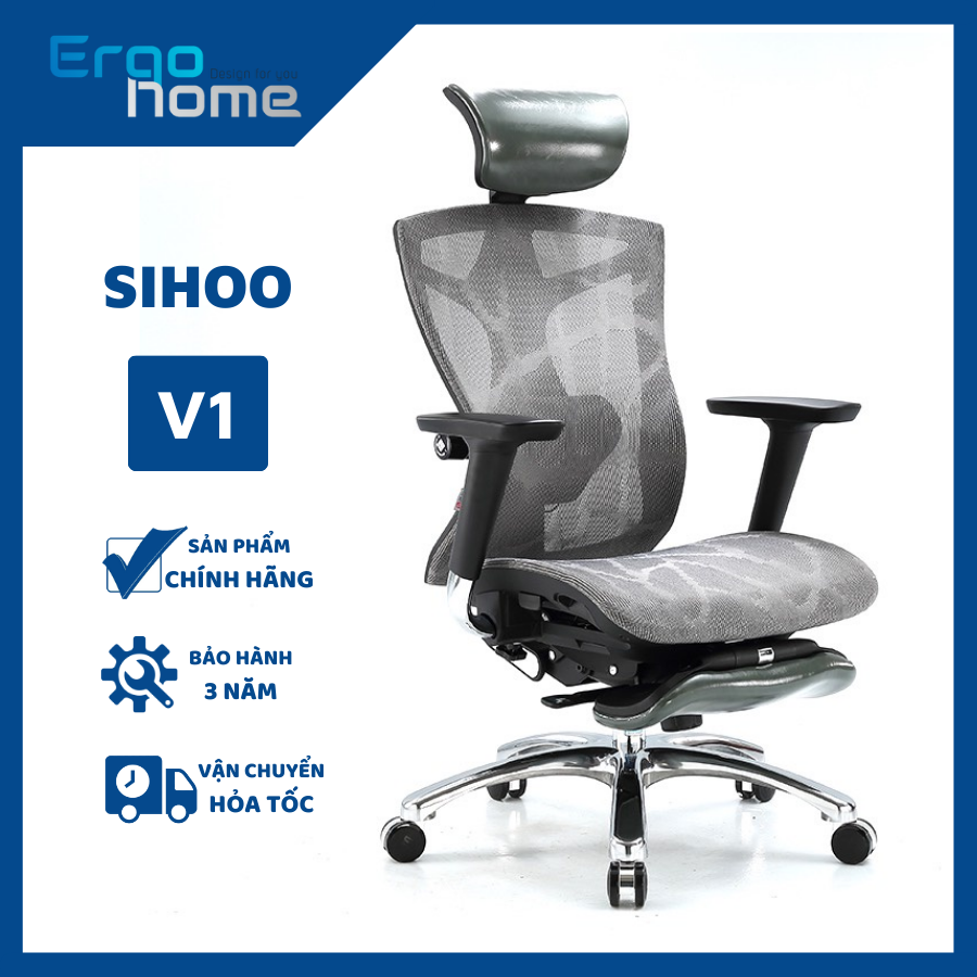 Ghế lưới Ergonomic Công thái học SIHOO V1 Ergohome, ghế làm việc xoay văn phòng điều chỉnh nâng hạ lưng bảo vệ cột sống, ngả 140 độ, form ghế to, thoải mái, bảo hành 3 năm