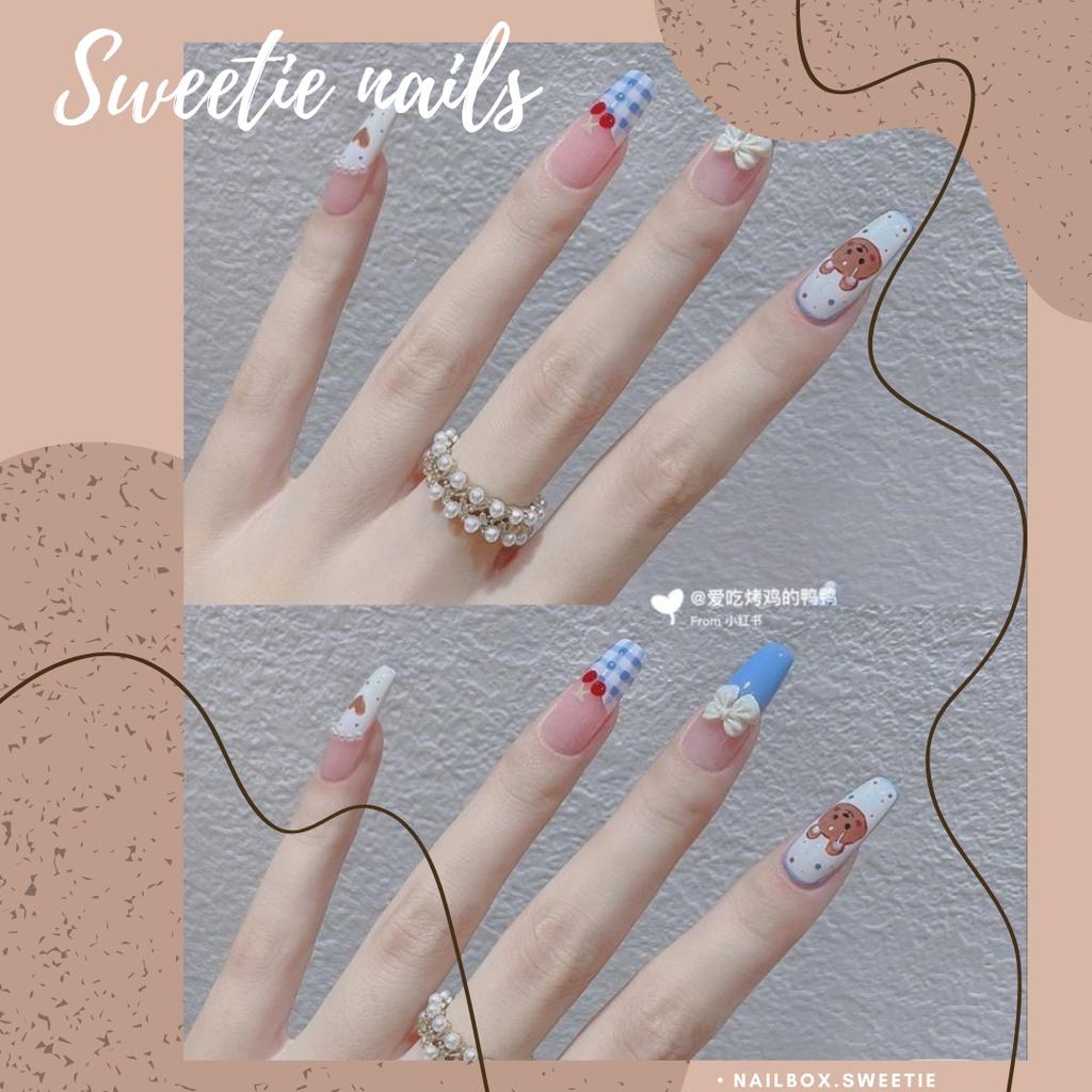 NAILBOX - Móng úp thiết kế theo size - Xanh gắn nơ vẽ caro nhẹ nhàng dễ thương