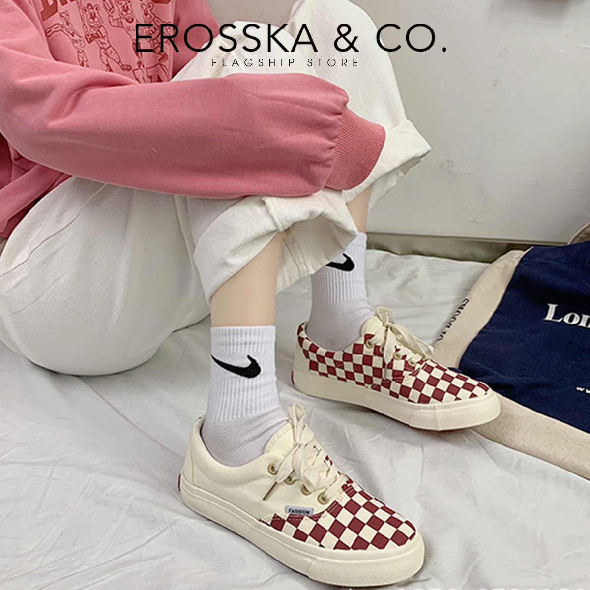 Erosska - Giày sneaker nữ đế bánh mì hoạ tiết caro cá tính- GS016