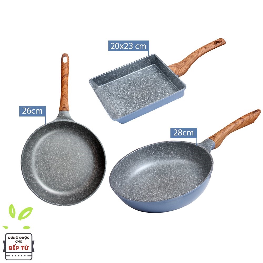 Combo 3 chảo đúc chống dính vân đá ceramic cao cấp Hàn Quốc dùng được bếp từ màu xanh (size 26cm, 28cm và chảo vuông 20x23cm) - Hàng chính hãng