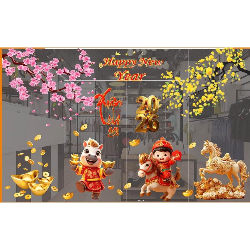 (HCM)Decal dán kinh trang trí tết xuân Bính ngọ 16 Binbin TTT16 decor văn phòng nhà hàng khách sạn