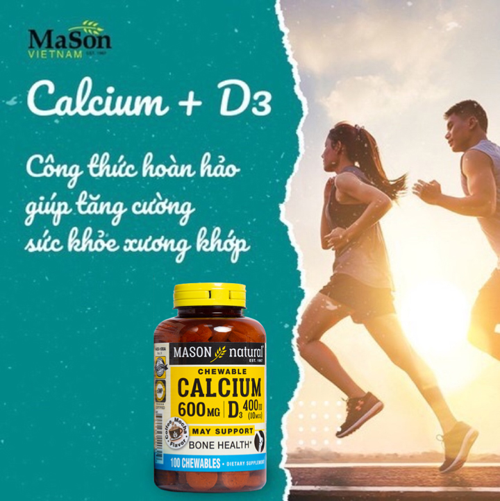 Viên nhai bổ sung canxi và vitamin D3 Mason Natural Chewable Calcium 600MG + D3 vị cafe mocha