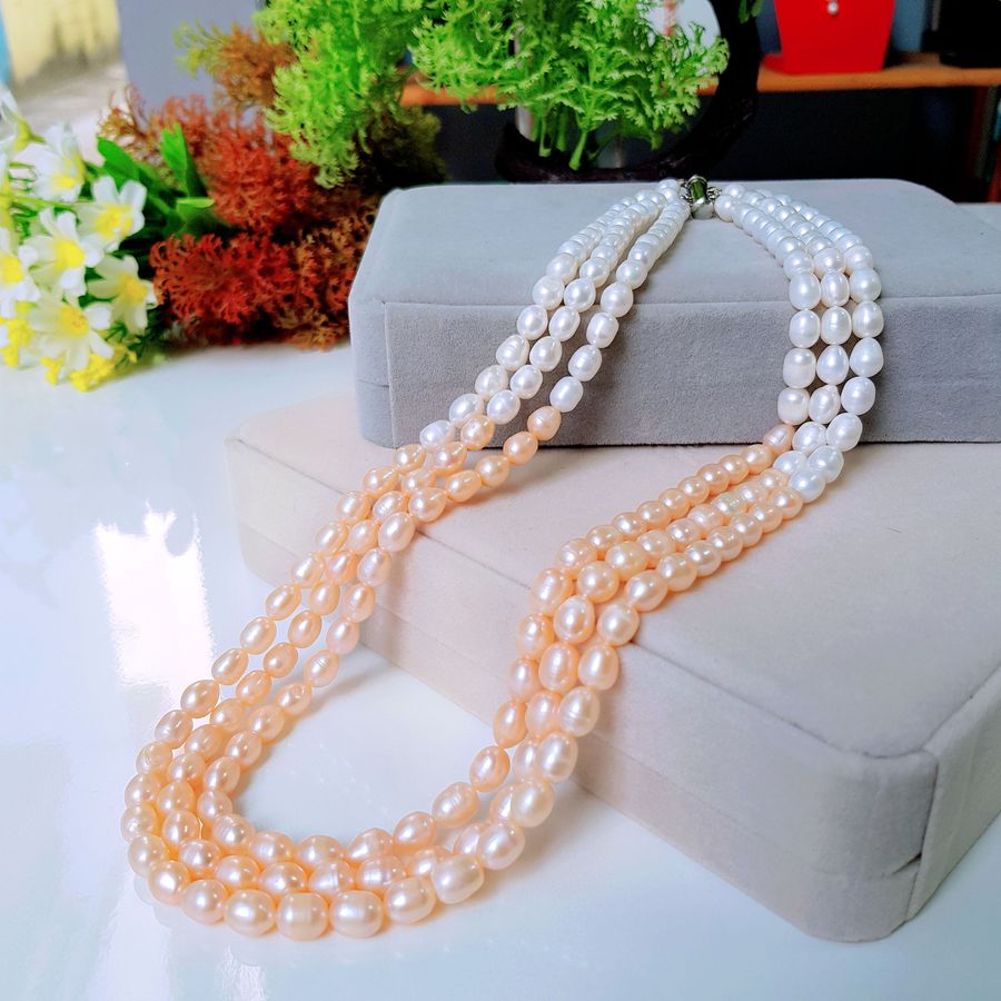 Vòng Cổ Ngọc Trai Nước Ngọt Thiên Nhiên Cao Cấp - Chuỗi 3 Hàng Xoài - Trang Sức Cô Tấm - VIGO PEARL - Trắng Cam - CTJ4111