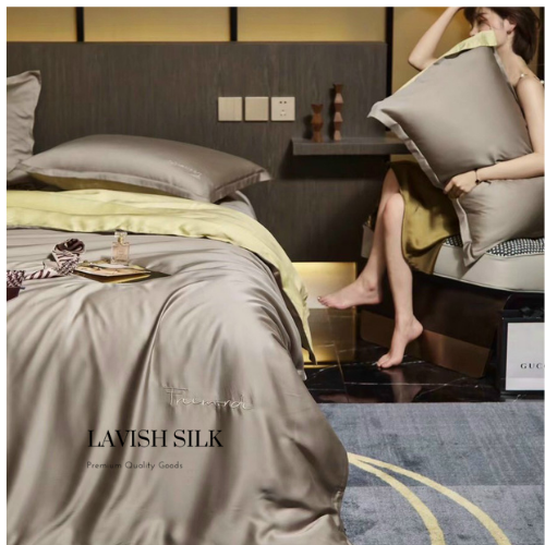 Trọn Bộ Ga Gối Lụa Kèm Chăn Sẵn Ruột + Tặng Bộ Quà Tặng Lavish Silk Cao Cấp - Nâu Mix Vàng Chanh