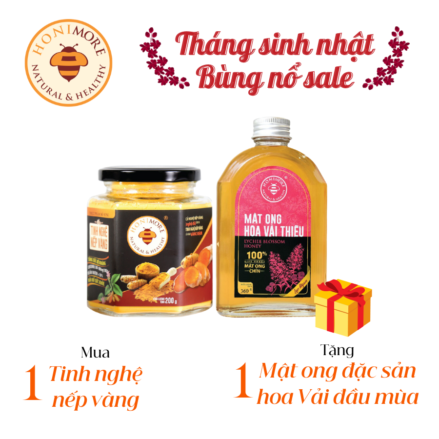 Combo Tinh nghệ nếp vàng Honimore 200g + Mật ong rừng Hoa Cao Nguyên 360g - Giúp hỗ trợ cải thiện đau dạ dày, chăm sóc da, tăng cường sức khỏe